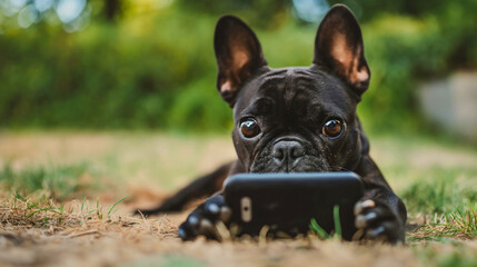 Fototapeta premium Cute puppy dog using a smartphone in nature, copy space. Domestic pet animal using online app technology, mobile device display screen, holding gadget and relaxing outdoor