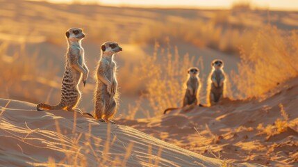 Meerkats standing guard on a sandy dune in the warm sunset light, alert and curious, watching over their family in the vast african desert
