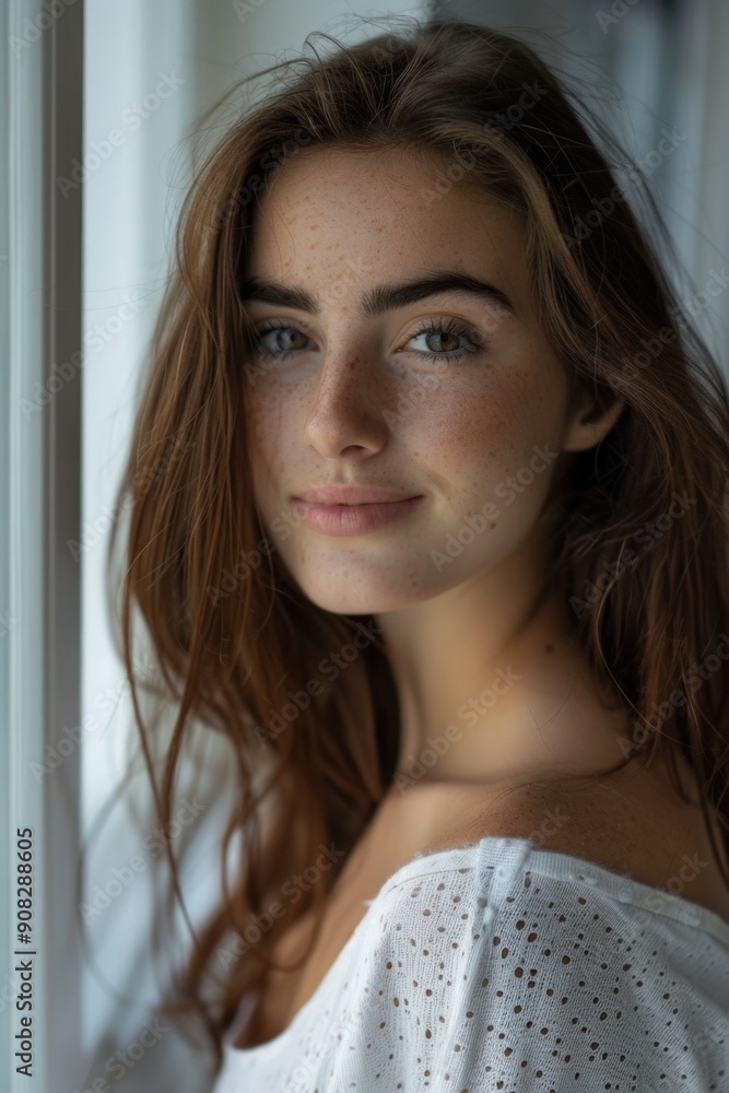 Aufkleber a young woman stands next to an open window with a serene expression