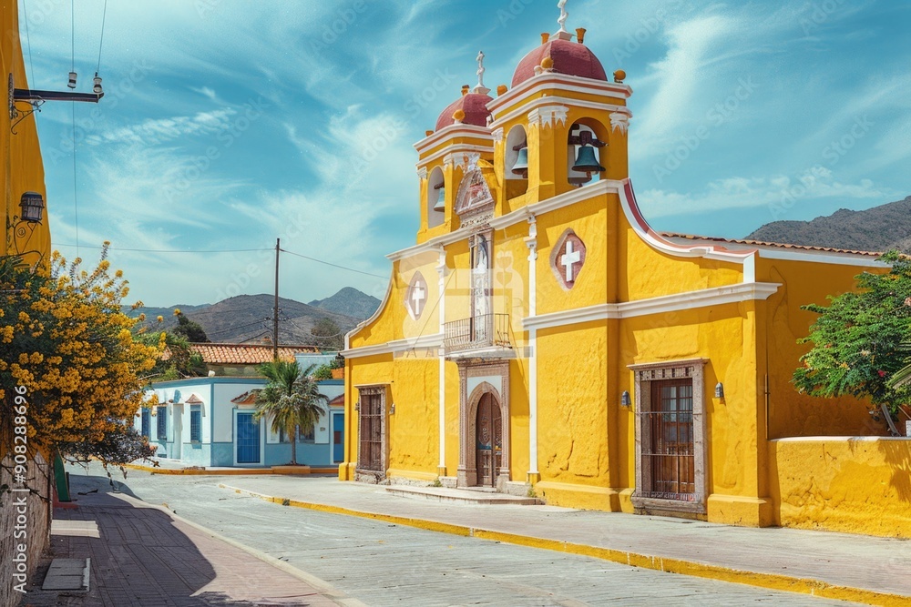 Poster a small yellow building with a tall bell tower on its side, perfect for use in illustrations and des