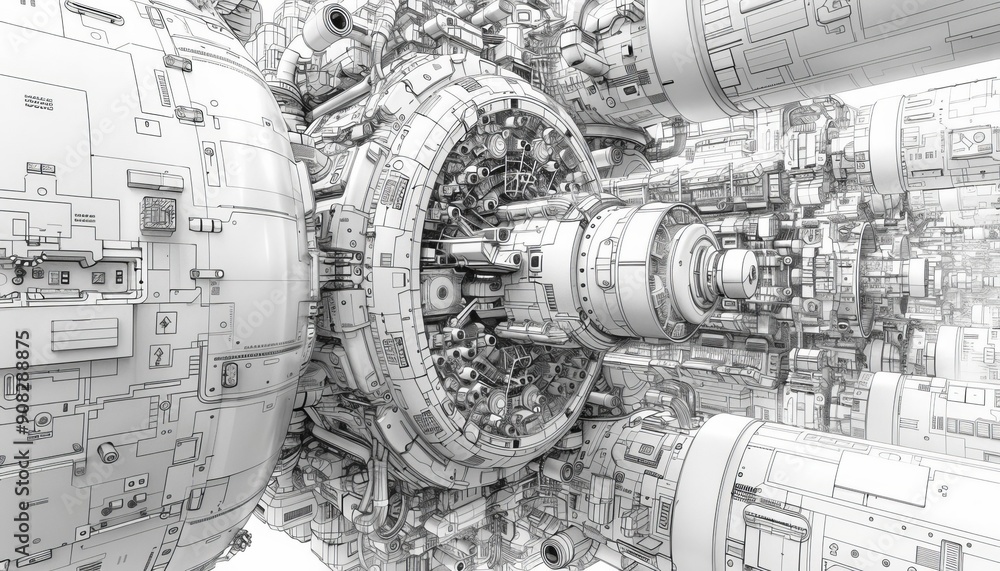 Poster high-detail rendering of a complex futuristic machine mechanism with intricate parts and pipes, show