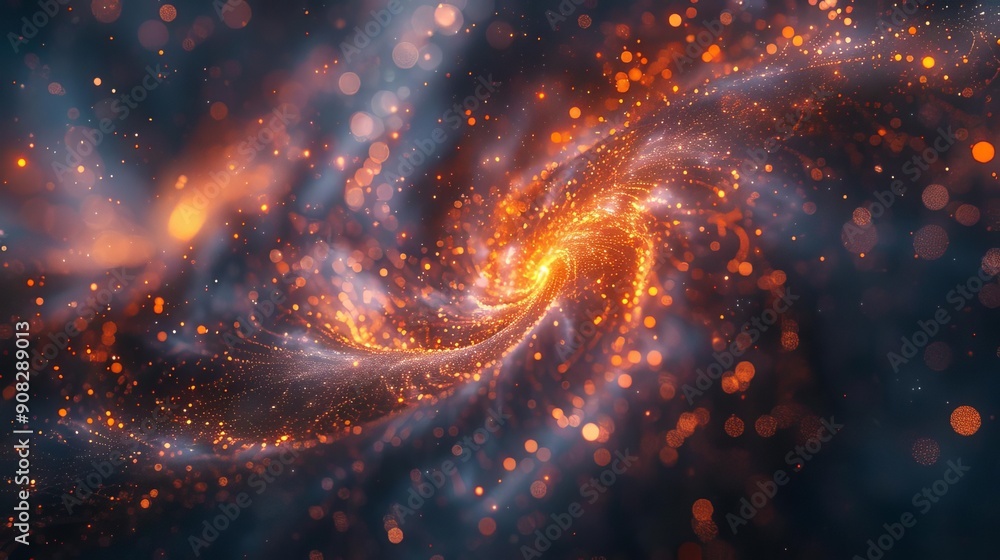 Poster abstract cosmic background with swirling orange and blue particles, creating a mesmerizing galaxy-li