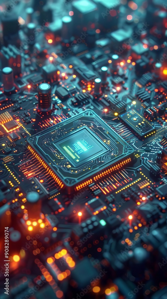 Poster close-up of a futuristic microchip on a glowing circuit board, showcasing advanced technology and in