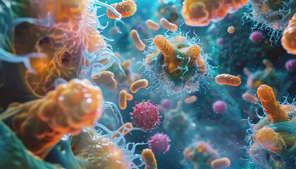 Fototapeta premium Colorful microscopic view of microorganisms and bacteria, highlighting the complexity of cellular structures and microbial life.
