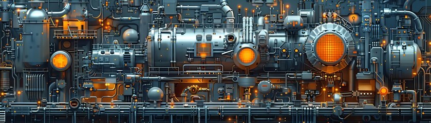 Futuristic machine engine with complex metallic components and glowing orange lights, ideal for sci-fi, technology, and steampunk themes.