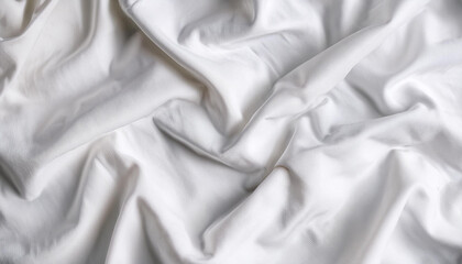 Obraz premium White wrinkled bedsheet or fabric texture rippled surface background. Unmade of bedsheet or after waking up in the morning. Top view with copy space background.