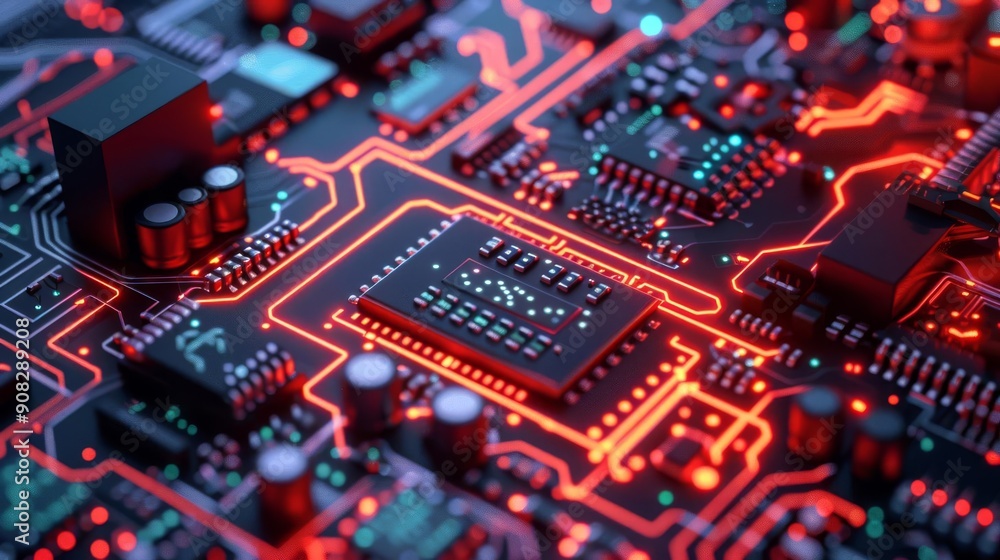 Poster close-up view of a futuristic electronic circuit board with glowing red lines, representing advanced