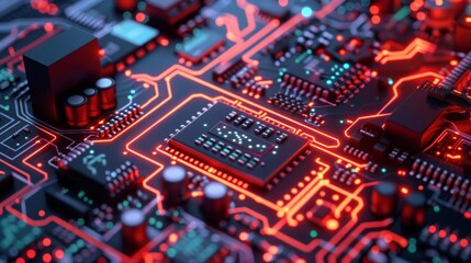 Fototapeta premium Close-up view of a futuristic electronic circuit board with glowing red lines, representing advanced technology and innovation.