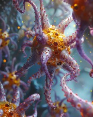 Close-up of vibrant, abstract, and colorful organic structures resembling microscopic life forms or underwater creatures in a vivid environment.