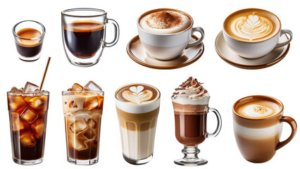 set of coffee cups: espresso, cappuccino, flat white, cold brew, iced coffee, latte, mocha, macchiato