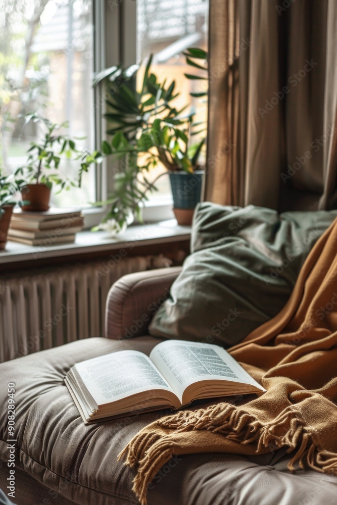 Poster a book is placed on the edge of a couch, near a window with natural light