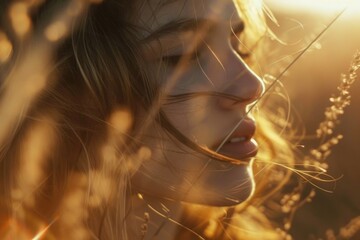 A woman with long hair blowing in the wind, suitable for use as a background or illustration