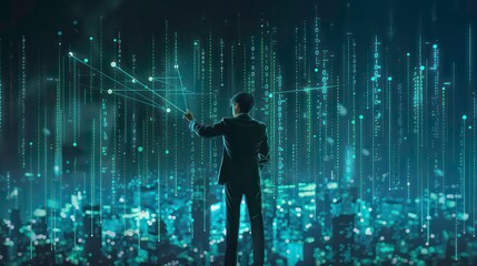 Man Interacting with Digital Interface Showing Data Streams and Connections