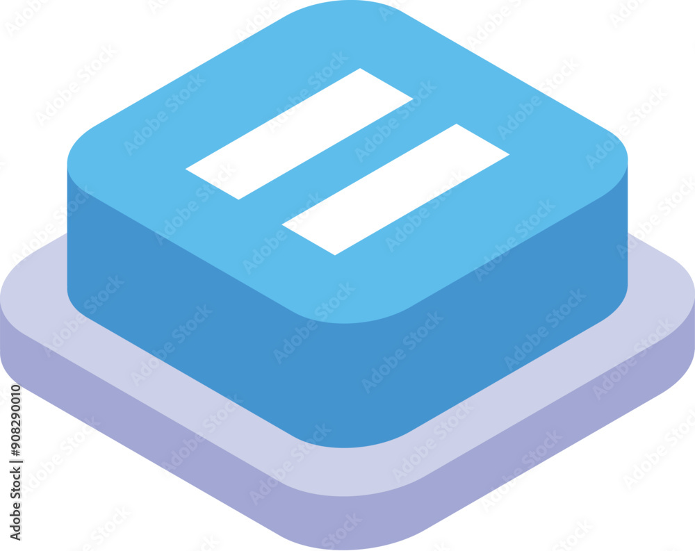 Poster blue square button with pause sign, showing stopping or pausing concept in isometric view