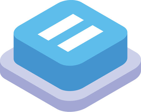Blue square button with pause sign, showing stopping or pausing concept in isometric view