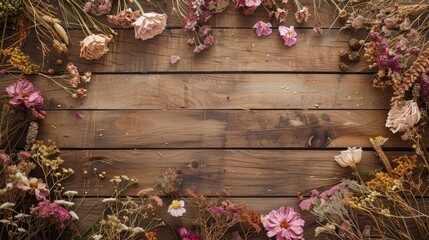 Arrangement of dried flowers on wooden backdrop with space for text and design Romantic floral display for greeting card Top down view
