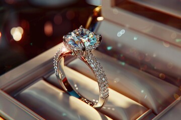 A diamond ring sits boxed on a table, ready to be given as a gift or used for proposal