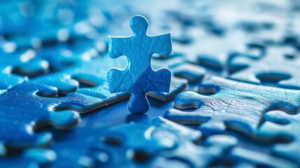 A Single Blue Puzzle Piece Standing Out From a Field of Similar Pieces