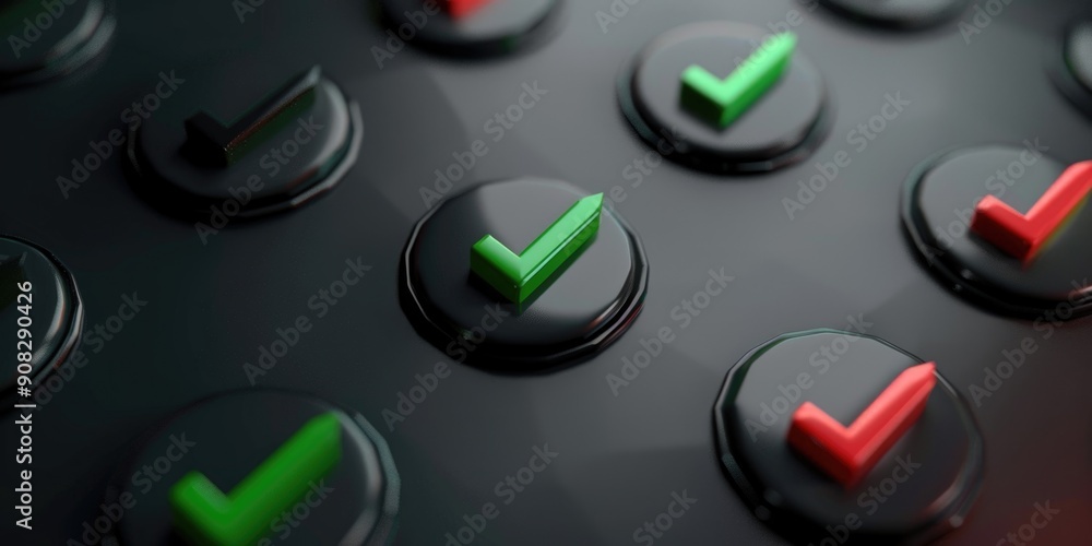 Poster Close up shot of a remote control with green and red buttons, suitable for use in technology or electronics related contexts