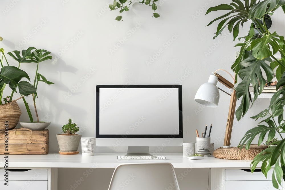 Aufkleber a computer monitor sits on a white desk, ready for use