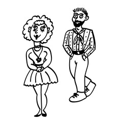 Cute loving couple. Funny turkishn arab or latino guy in the background looks at an european girl behind him. A man admires a woman and wants to meet her. Romance. Black and white illustration.