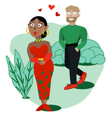 Cute loving couple in the summer park. Funny european guy in the background looks at an indian or latino girl behind him with love. A man admires a woman and wants to meet her. Romantic relationships.