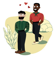 Cute loving gay couple in the summer park. Black guy in the background looks at an arab man in front of him with love. A man wants to meet another guy. Romantic relationships, people fall in love