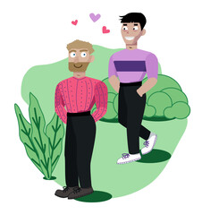 Cute loving gay couple in the summer park. Asian guy in the background looks at an european man in front of him with love. A man wants to meet another guy. Romantic relationships, people fall in love