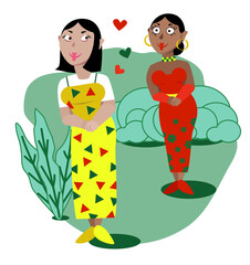 Cute loving lesbian couple. Funny indian or latino girl in the background looks at an asian girl  in front of her with love. A woman admires another lady. Romantic relationships, people fall in love