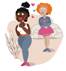 Cute loving lesbian couple. Funny white red haired girl in the background looks at an african girl  in front of her with love. A woman admires another lady. Romantic relationships, people fall in love