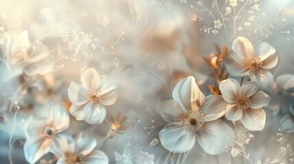 Delicate White Flowers with Silvery Outline on a Soft Gray Background