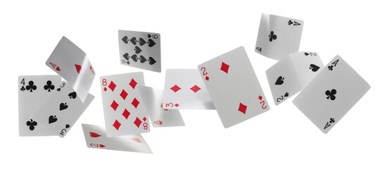 Flying playing cards for poker and gambling, deck isolated on white, clipping path