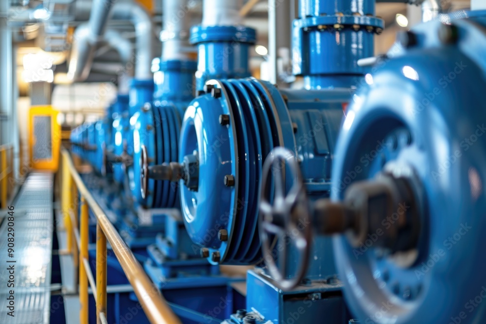 Poster industrial pipe system with blue valves in a factory setting