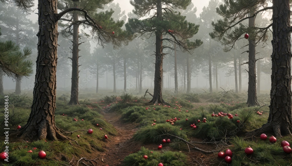 Poster misty forest path with red apples.