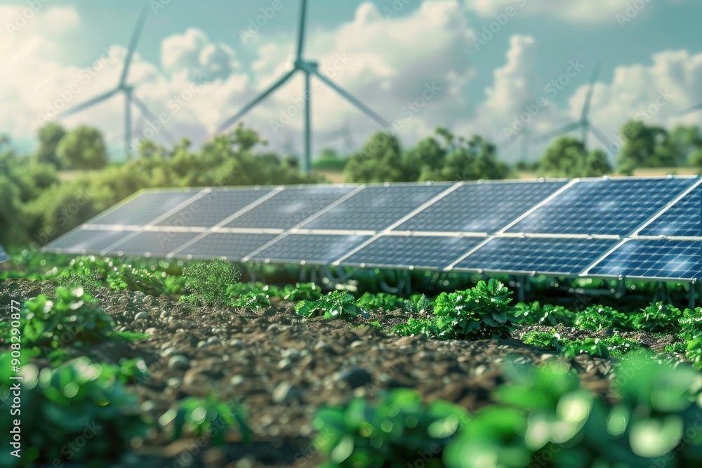 Poster a solar panel installed in a green field, surrounded by wind turbines generating clean energy
