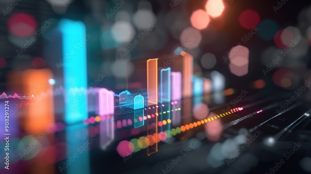 Poster digital stock market analysis with 3d bars and line graph in virtual space