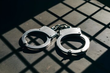 Metallic handcuffs on surface, sharp shadows, grid like shadow pattern