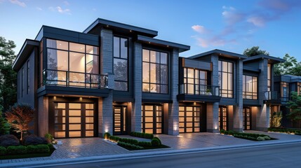 Modern townhouses with large windows. Perfect for showcasing contemporary architecture, real estate listings, or urban living.
