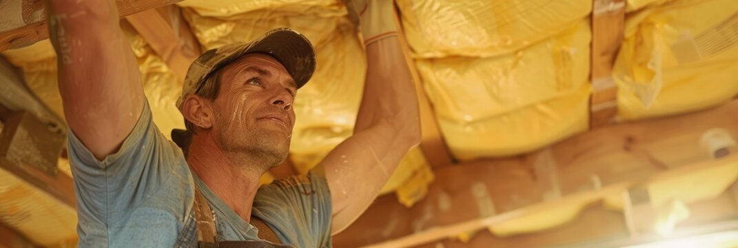 Man installing mineral glass wool thermal insulation under roof