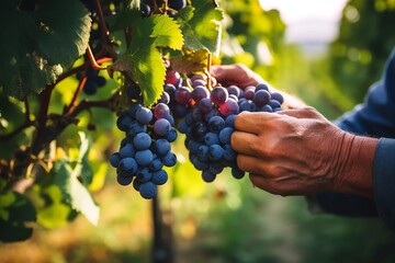Fototapeta premium Hand picking ripe Grapes from Grapes orchard