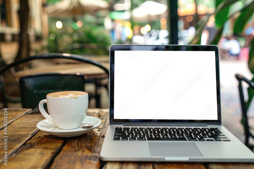 Poster a laptop computer placed on top of a wooden table, ready for use