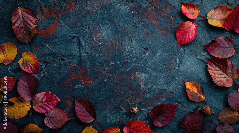 Poster autumn themed border with vibrant leaves and natural elements on dark rustic background top view wit