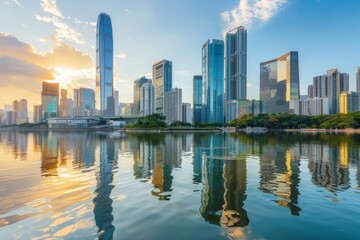 Fototapeta premium Smart City Modern Skyscraper Architecture with Reflections of Futuristic Financial District, Corporate Business Template on Blue Background with Sunlight