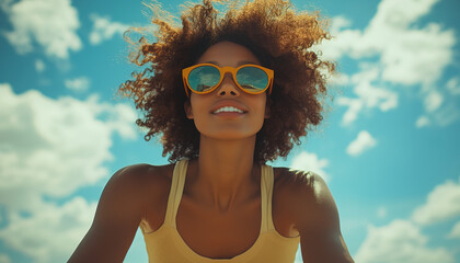 A beautiful Black woman with curly hair smiles while wearing yellow sunglasses on the beach, with a backdrop of blue sky and white clouds.