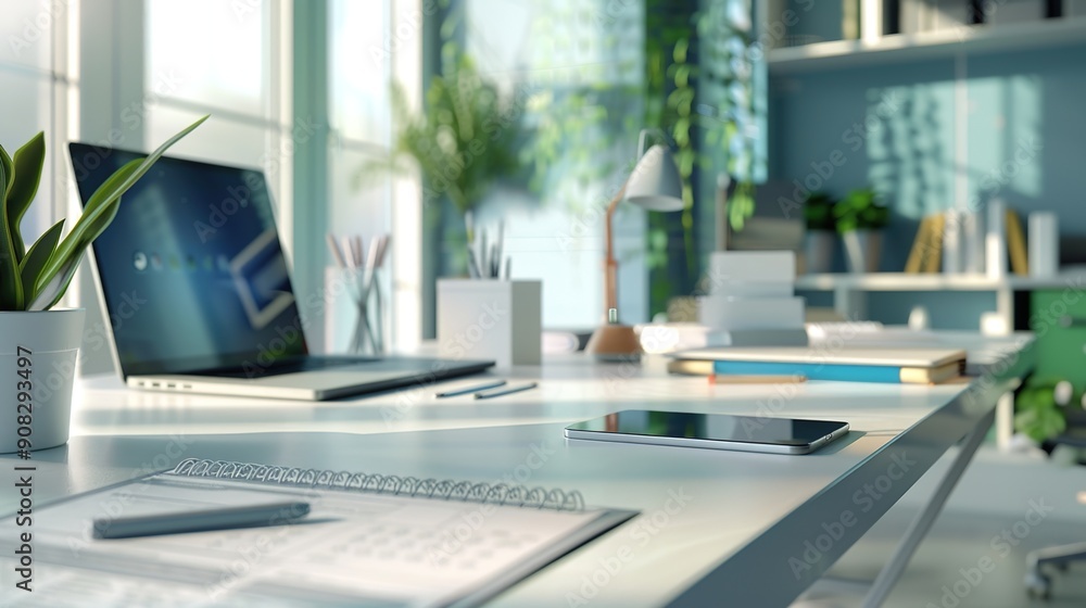 Poster modern financial advisor desk setup with copy space for text