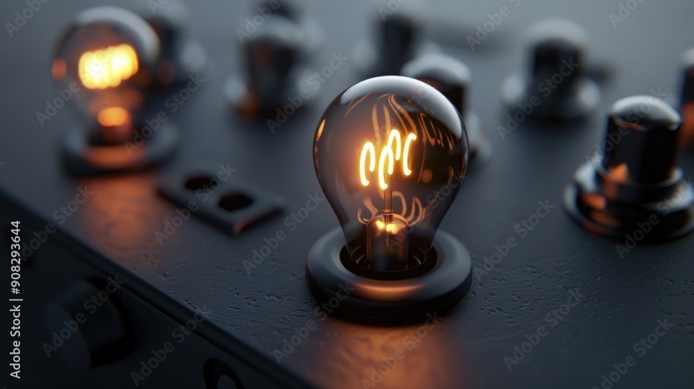 Poster A detailed view of a light bulb on a table, ideal for use in product photography or as a design element