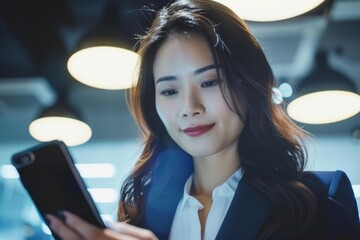 Asian businesswoman using smartphone and tablet in office for online work. Emphasizes digital multitasking and connectivity in a professional environment.