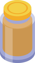 Glass jar with a closed yellow cap, containing peanut butter, shown in isometric view