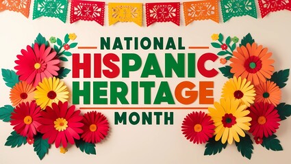 National Hispanic Heritage Month Celebration Poster with Colorful Flowers and Papel Picado
