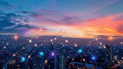 Illuminated Global Network Connections Over Urban Cityscape at Dusk Signifying Economic Growth